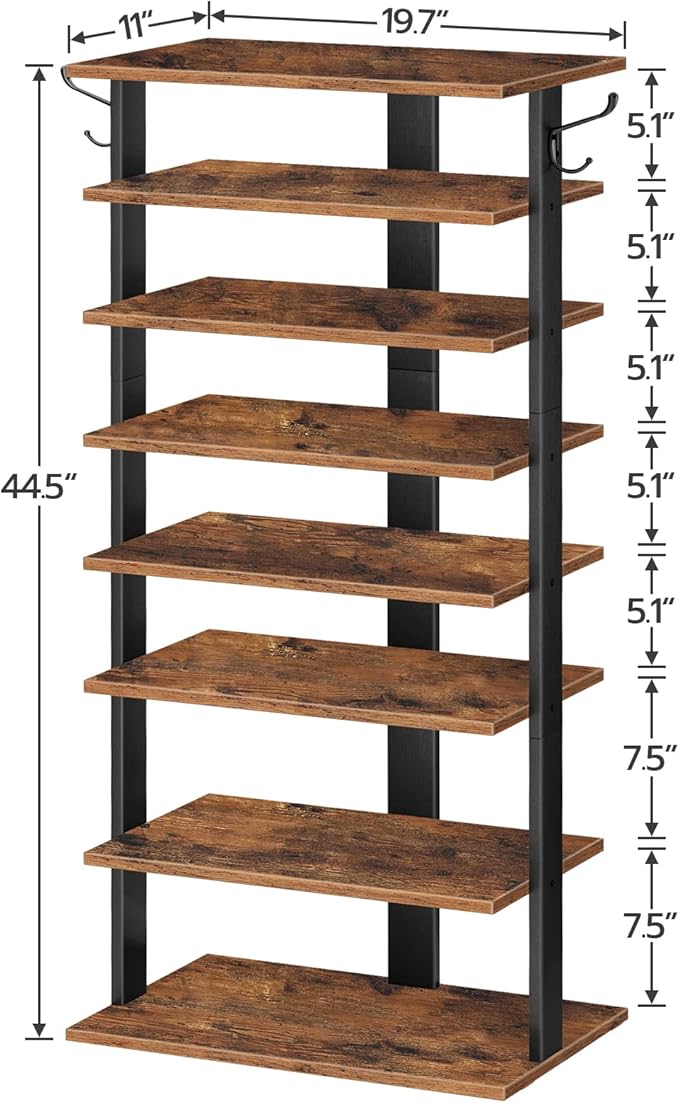 HOOBRO 8 Tiers Vertical Shoe Rack, Wooden Shoe Storage Organizer with Hooks, Narrow Shoe Tower for 16 Pairs, Space Saving, fo