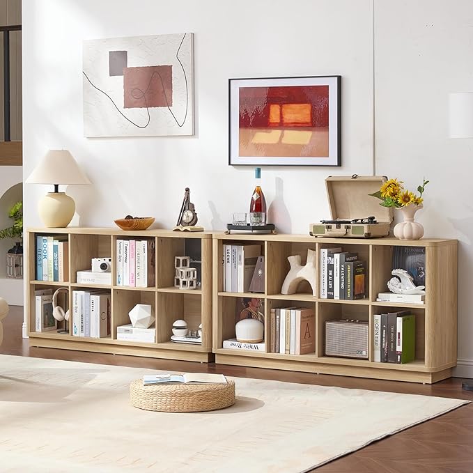 Joaxswe 8 Cube Storage Book Shelf, 52" Long Horizontal Bookshelf with Curved Edge, Floor Standing Wooden Cubby Bookcase with 
