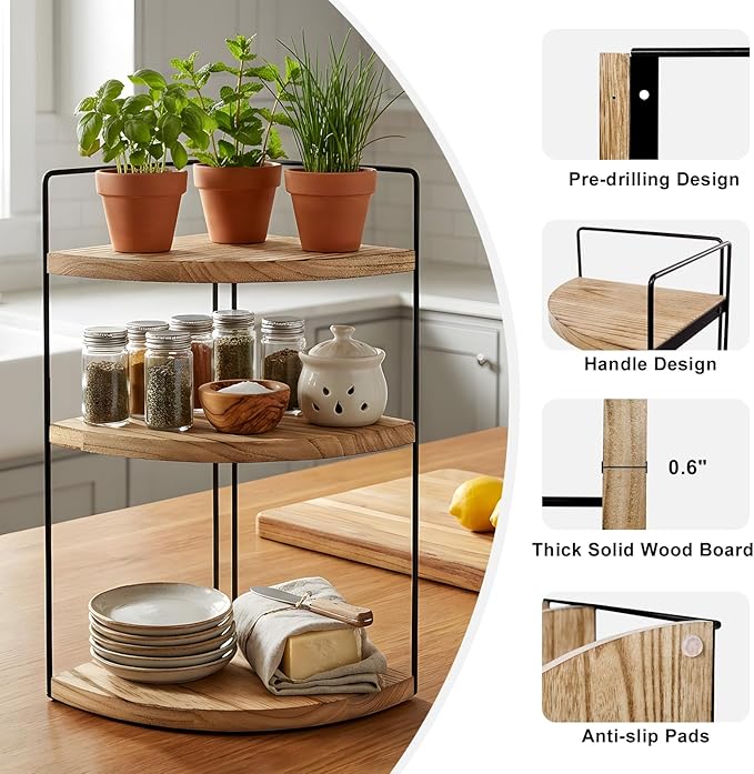 Corner Bathroom Counter Organizer Countertop Brown, 3-Tier Corner Shelf Wood Vanity Tray Easy Assembly Space Saving Shelf for