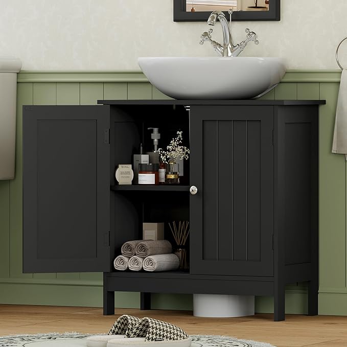 Iwell Pedestal Sink Storage Cabinet with 2 Doors and Shelf, Under Sink Cabinet, Bathroom Sink Cabinet with U-Shape, Black