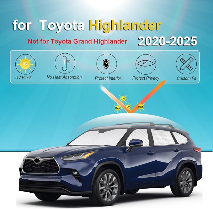 KMF 8pcs Thicken Sun Shades for Toyota Highlander 2020-2025(Not Grand Highlander) Accessories,Full Car Window Covers Sunshade for Windshield Side Rear, UV Block and Privacy Blackout for Car Camping