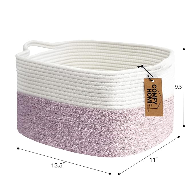 COMFY-HOMI Cotton Rope Woven Medium Basket with Handles for shelf，Cloth Storage Basket for Organizing-13.5X11X9.5 Storage Bin