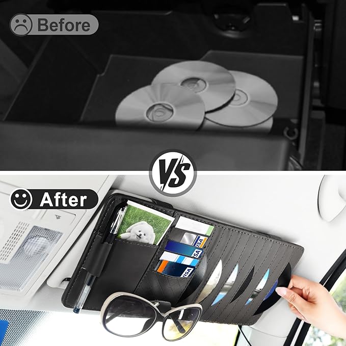 alpmosn Sun Visor CD Case Holder for Car - Multi-Function Visor Organizer with CD/DVD Storage, Eyeglass Clip, Card Slots & Pen Holder, Durable Leather Car Accessories (Black)