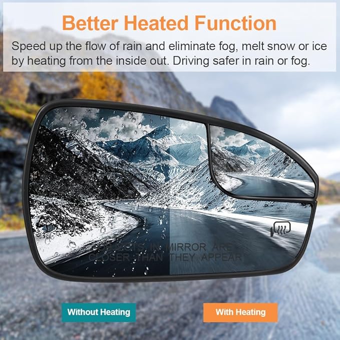 Senzeal Passenger Side Heated Mirror Glass Replacement Convex Mirror with Blind Spot mirror for Ford Fusion 2013 2014 2015 2016 2017 2018 2019 2020 DS7Z17K707B (Right Side)
