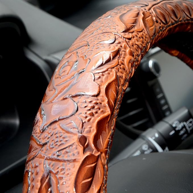 Car Steering Wheel Cover Universal 15 inch Auto Antislip Leather Protector Flower Grain Brown