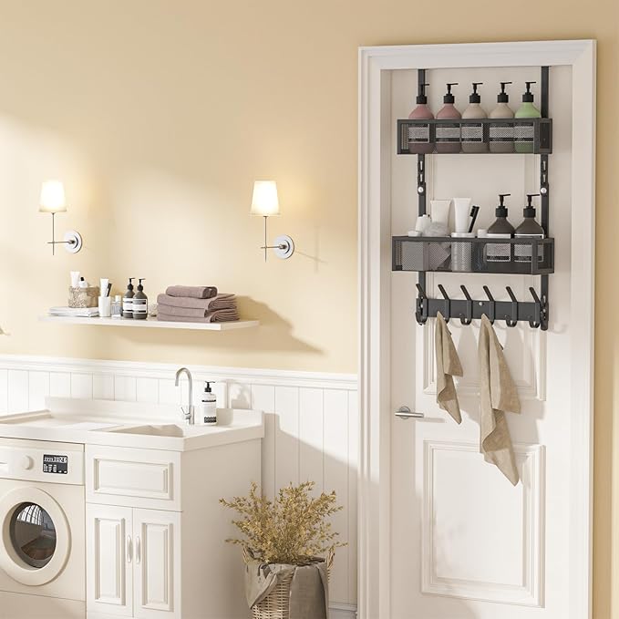 LUCYCAZ Adjustable Over The Door Hooks Organizer, Over The Door Towel Rack with 10 Coat Hooks & 2 Mesh Basket, Multi-Purpose 