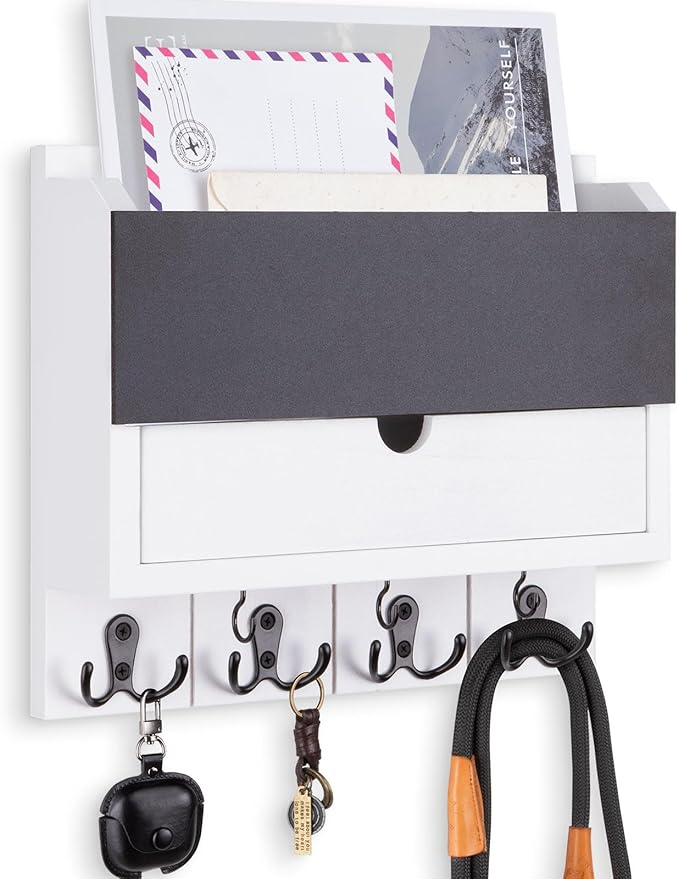 Mail and Key Holder Wall Mount with Storage Drawer – Modern Wooden Mail Organizer for Wall Entryway, 7 Key Hooks & Chalkboard