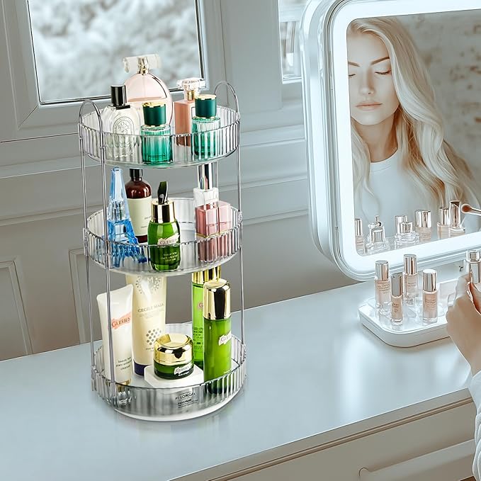 360 Rotating Makeup Organizer, 3 Tier Large Capacity Lazy Susan Bathroom Counter Organizer, Skincare Organizers, Spinning Per
