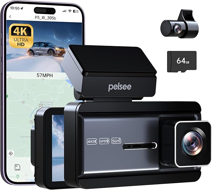 Pelsee 4K Dash Cam Front and Rear, 64GB SD Card, Dual Dash Camera for Cars with Wi-Fi, GPS, ADAS, BSD, LCA, 3’’ IPS Display C