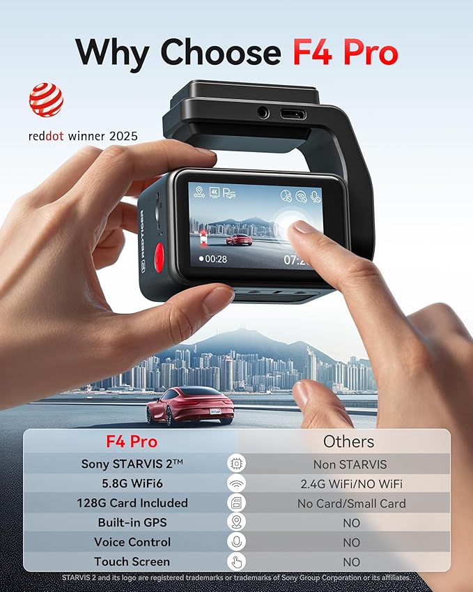REDTIGER F4 Pro 4K Mini Dash Cam Front and Rear, STARVIS 2 Night Vision, 128GB Card Included, 5.8GHz WiFi 6 Instant Export, 2