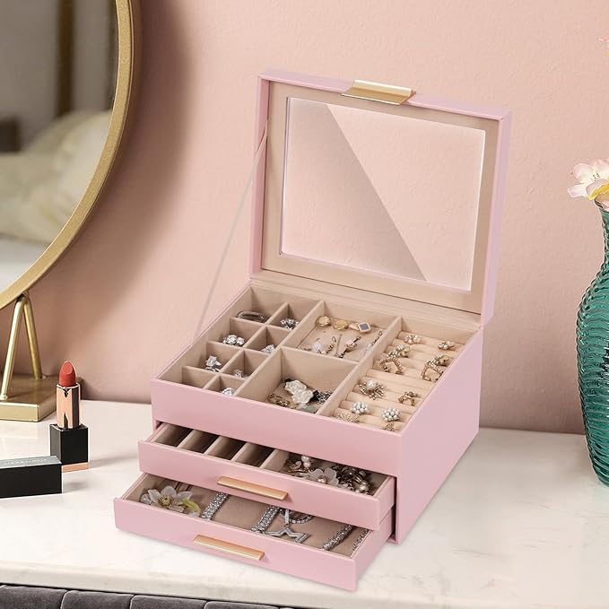 3-Layer Jewelry Box for Women, Jewelry Organizer with Glass Lid and Drawers, Jewelry Organizers and Storage for Necklaces, Ri