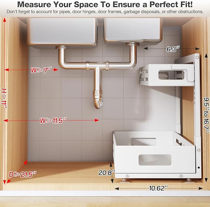 2 Pack 21IN-Depth Under Sink Organizer,Pull Out Cabinet Organizer With Smooth Cylindrical Rail,Metal Slide Out Drawer for Kit