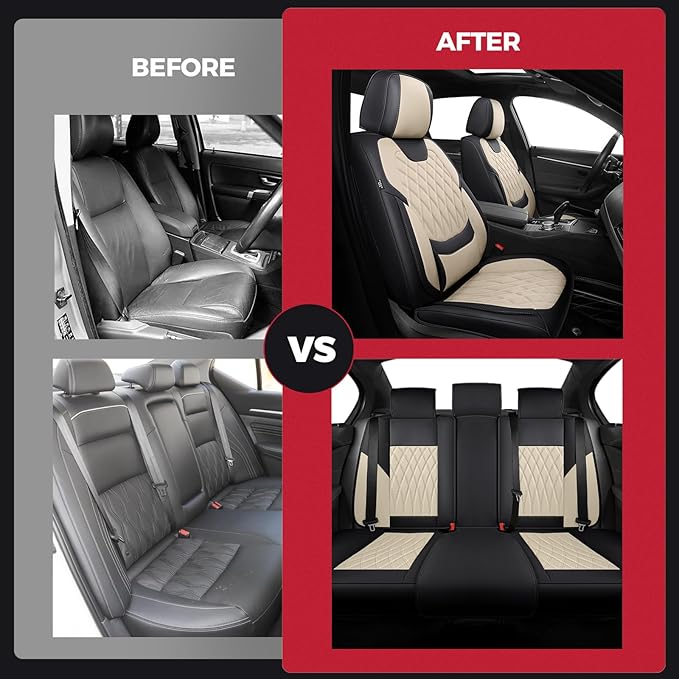 FREESOO Black Beige Car Seat Covers Full Set - Faux Nappa Leather Seat Covers for Cars, Luxury Breathable Waterproof Front Se