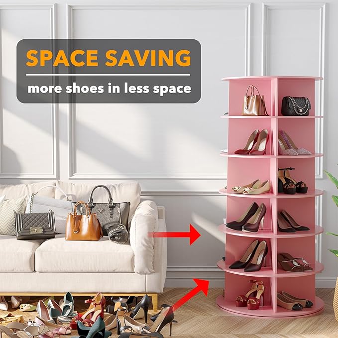 SpaceAid 6 Tier Rotating Shoe Rack Tower, Spinning Shoe Display Lazy Susan, Revolving 360 Shoe Rack Storage Round Carousel, V