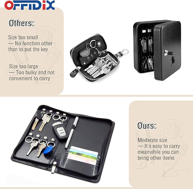 OFFIDIX PU Leather Portable Key Cabinet,8-Key Hooks Portable Zippered Key Case Menus Card Organizer Holder Business Padfolio 