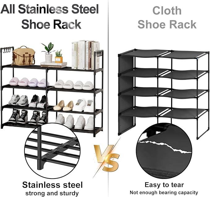 2 Rows 4 Tier Shoe Rack, Black Metal Stackable Shoe Shelf with Multifunctional Hooks, Hold 16-20 Pairs, Space Saving Shoe Org