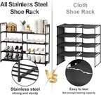 2 Rows 4 Tier Shoe Rack, Black Metal Stackable Shoe Shelf with Multifunctional Hooks, Hold 16-20 Pairs, Space Saving Shoe Org