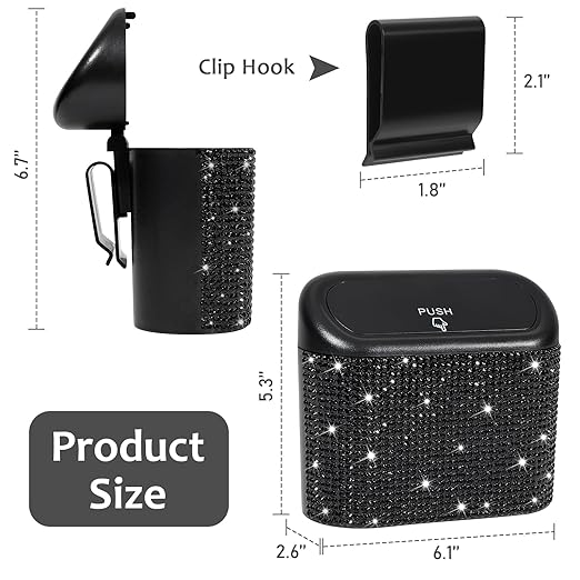 Accmor 2 Pack Bling Car Trash Can with Lid, Small Garbage Can, Auto Garbage Storage Bin with 90pcs Garbage Bags, Sparkling Crystal Trash Bags Holder for Car, Home, Office Storage (Black Rhinestone)