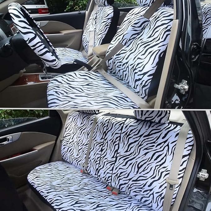 AUTOFAN Zebra Car Seat Covers for Full Set with 2 Seat Belt Pads & Universal 15 Inch Steering Wheel Cover Fit for Cars, Truck