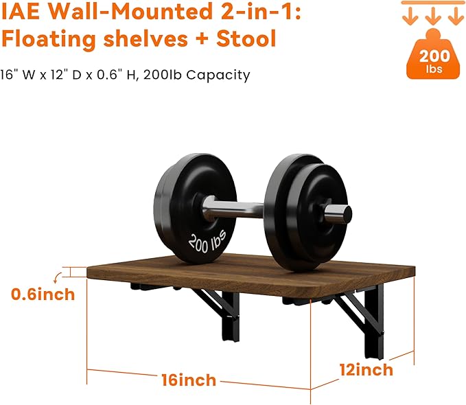 Foldable Walnut Floating Wall Shelves 16 inch, Bathroom Shelves Wall Mounted,12" Deep Wood Floating Kitchen shelves,Easy to I