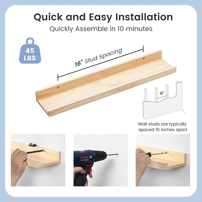 Picture Ledge Shelf for Wall, 24 inches Solid Pine Wood Nursery Book Shelves 3 Packs, Floating Ledge Shelves for Kids' Room B