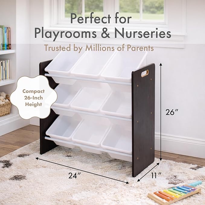 Humble Crew 9-Bin Toy Organizer – Journey Natural Espresso with White Plastic Bins, 3-Tier Storage Solution for Kids' Playroo