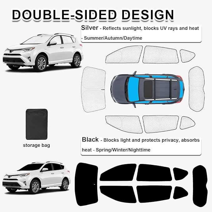 KMF 8pcs Thicken Sun Shades for Toyota RAV4 2013-2018 Accessories, Full Car Window Covers Sunshade for Windshield Side Rear, UV Block and Blackout Privacy for Car Camping Outdoor