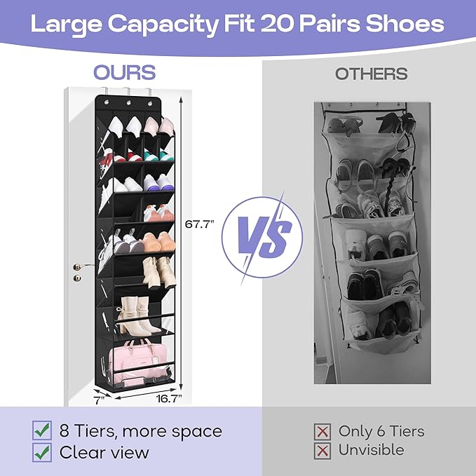 MISSLO Clear Over the Door Shoe Organizer Large Deep Pockets Hanging Shoe Rack for Closet Fit 20 Pairs Shoe Holder for Sneake