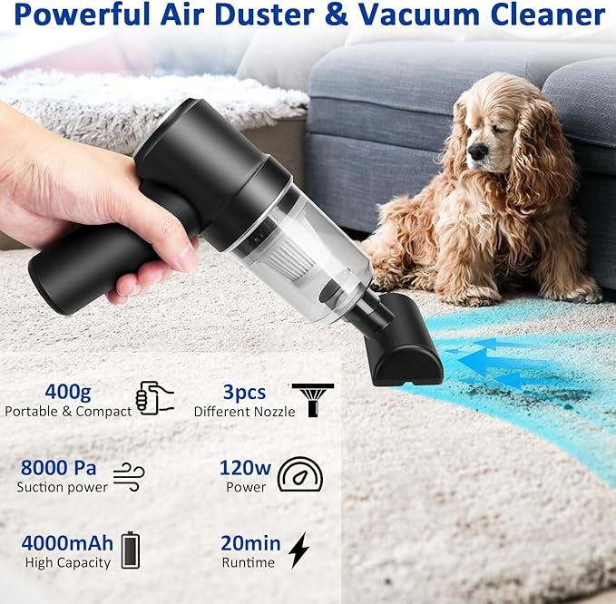8Kpa Mini Handheld Vacuum Cleaner,120W High Power Cordless Car Vacuum, 2 in 1 Keyboard Vacuum & Air Duster with LED Light & M