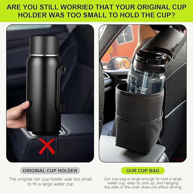 Car Seat Side Large Car Cup Holder Expander Adapter Bag, Auto Seat Storage Hanging Bag, Drink, Stuff Holder with Mesh Pocket for Cars, Water Bottle Bags Road Trip Essentials Car Accessories