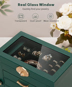 Enthralite Jewelry Box with 3 Drawers: Display Organizer for Earrings Necklaces - Gifts for Girls Women (Forest Green)
