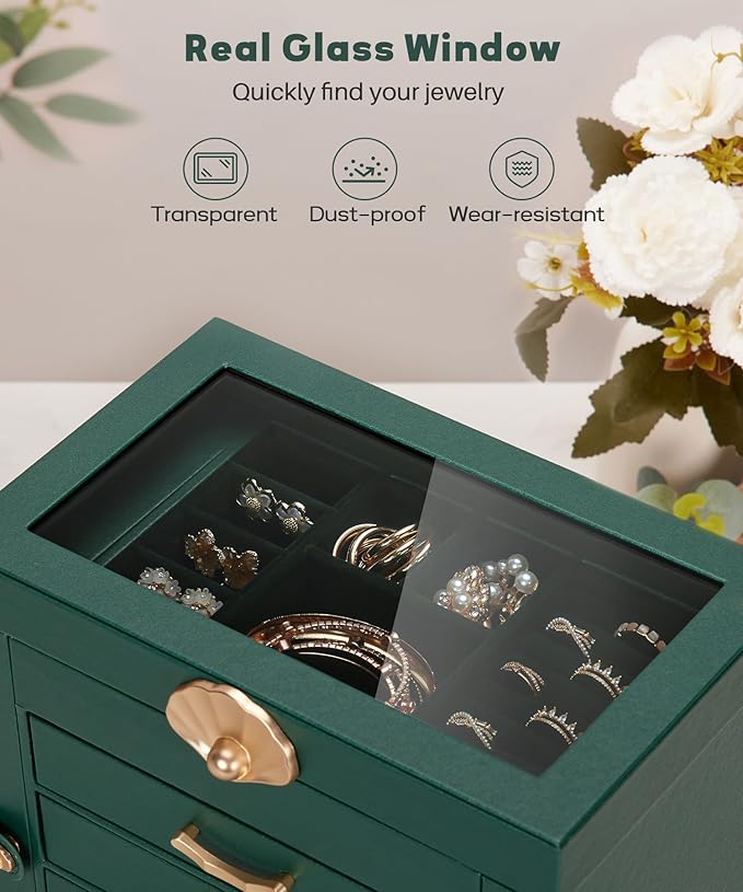 Enthralite Jewelry Box with 3 Drawers: Display Organizer for Earrings Necklaces - Gifts for Girls Women (Forest Green)