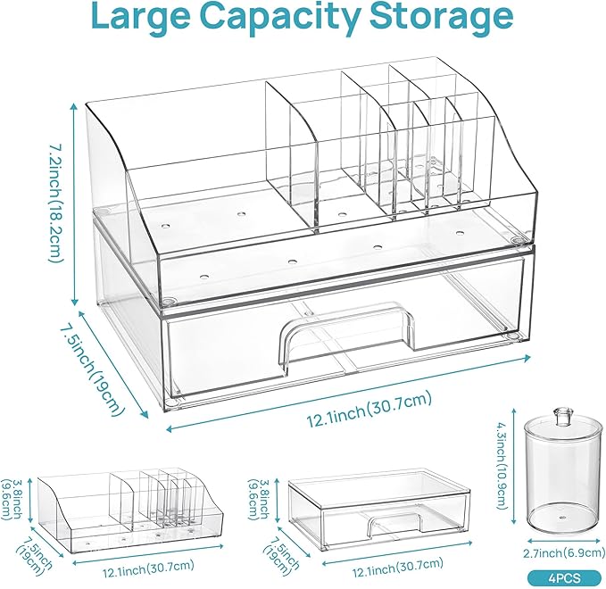 Vtopmart 6 PCS Bathroom Countertop Organizer, 1 Divided Tray with 4 Qtip Holder Jars and 1 Drawers, Restroom Clear Organizers