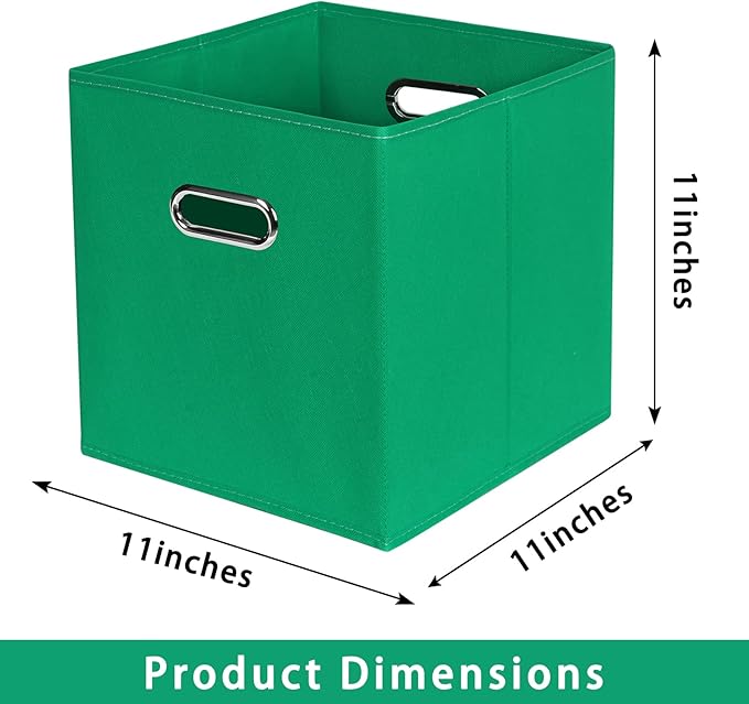 Green Foldable Storage Bins, 11x11x11, Set of 6, (Fabric Cube Organizer with Handle, for Cloth or Accessory Storage)
