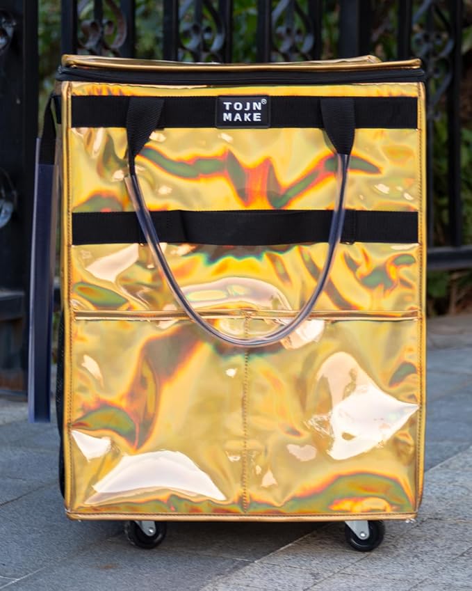 Reusable Grocery Bag On Wheels (Medium, Glitter Gold), Shopping Trolley, Rolling Tote with 8 Pockets and Zipper Cover, Foldable, Heavy Duty Handles, Carries Up to 66 LBS