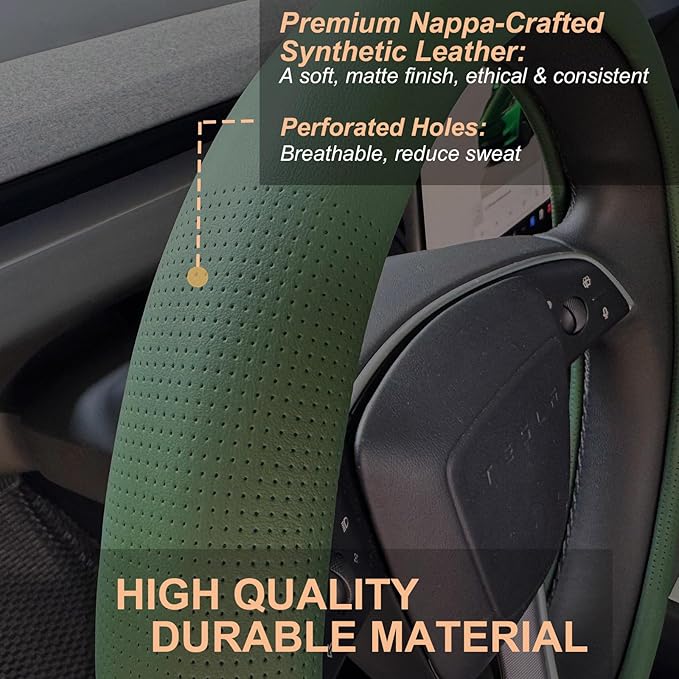 PINCTROT Nappa Leather Steering Wheel Cover for Tesla Model Y/3 Highland/Juniper, D Shaped 14 Inch Small Sized with Breathabl