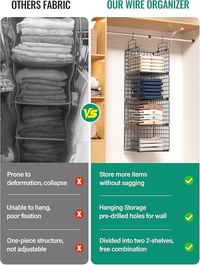 Hanging Closet Organizer, 4 Tier Metal Closet Organizers and Storage with 4 Hanging Hooks 4 S-Hooks for Wardrobe Laundry Room