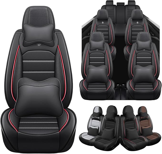 Seat Covers Custom Fit for GMC Yukon XL 2000-2026, 7 Seat, Compatible Airbag Non-Slip Waterproof Leather Seat Cover, Luxury Interior Car Seat Covers Full Set with Pillow, Black Red