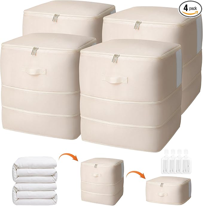 4 Pack Comforter Storage Bag, 136L Blanket Storage Bags Self Compression Comforter Organizer and Storages, Space Saving Washa