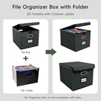 File Organizer Box with 25-Pocket Accordion Folder, File Folder & Protective Lid - Document Storage for Home, Office, School,