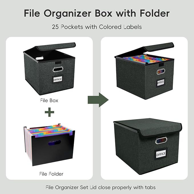 File Organizer Box with 25-Pocket Accordion Folder, File Folder & Protective Lid - Document Storage for Home, Office, School,