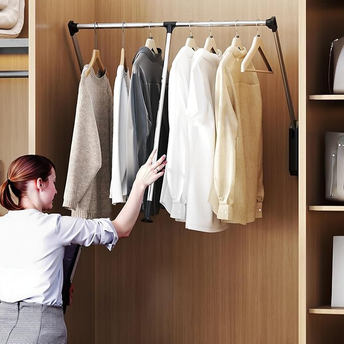Pull Down Closet Rod, 32.68"-45.27" Width Adujstable Clothing Organization Rail with Dual Hydraulic Buffer, Back-mounted Ward