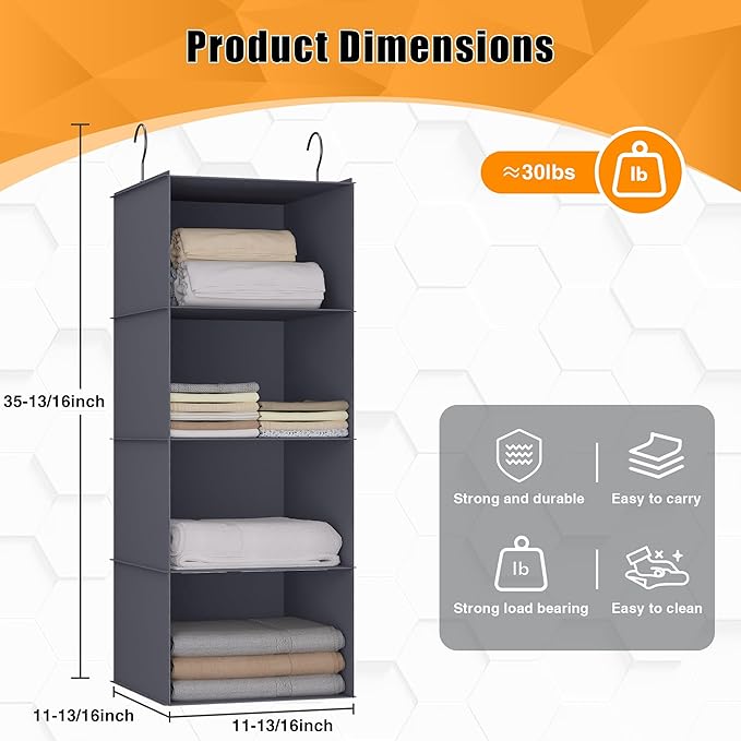 Hanging Closet Organizer, Easy Mount Foldable 4-Shelf Hanging Closet Wardrobe Storage Shelves, Clothes Handbag Shoes Accessor