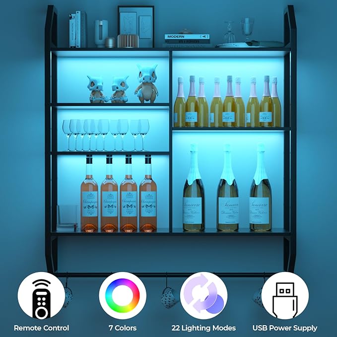 FAHKNS Gaming Floating Shelves, 35" Large LED Wall Shelves with Adjustable Tier, Wall Mounted Bookshelf with Hanging Pipe & 6