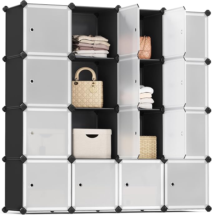 SONGMICS Cube Storage Organizer, Set of 16 Plastic Cubes, Closet Storage Shelves, DIY Plastic Closet Cabinet, Modular Bookcas
