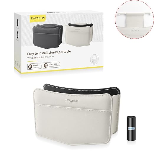 Car Trash Can Small Leather Vehicle Trash Bin Car Dustbin Garbage Organizer Holder with Trash Bag Foldable Mini Cars Storage Bag Container for Auto SUV Van Trucks (White,Hanging Hook)