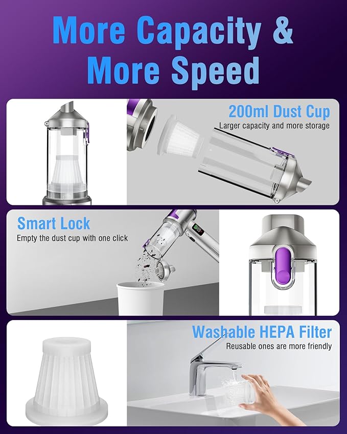 Handheld Car Vacuum Portable Cordless, 22000Pa High-Power Suction Hand held Vacuum Cleaner & Air Duster for Car Cleaning, Hom
