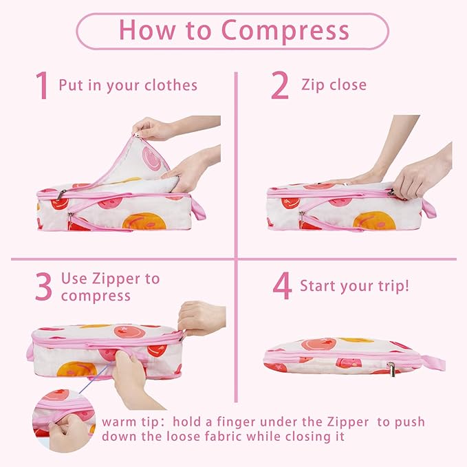 6 Pcs Compression Packing Cubes, Packing Cubes for Travel, Waterproof Luggage Organizer Bags Set, Cute Packaging Cubes for Wo