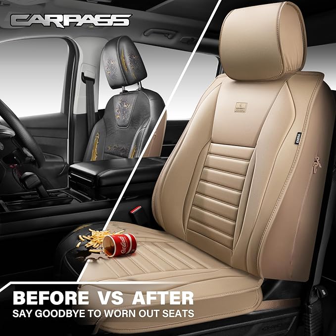 CAR PASS Nappa Leather Car Seat Covers Front Seats, Luxury Seat Protector for Cars, Waterproof Anti-Slip Seat Cushion Airbag 