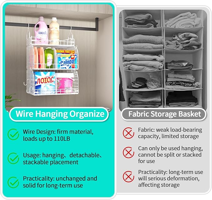 HapiRm Hanging Closet Organizer Storage - 3 Tier Metal Stackable Hanging Closet Shelves with Dividers and S Hooks, Foldable C